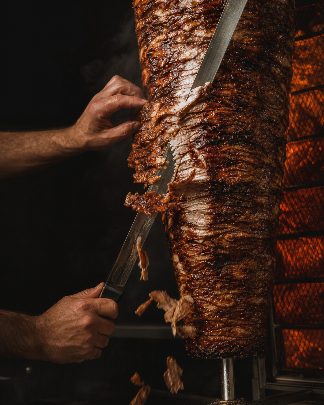 Close-up of hand-carved döner with crisp caramelized edges