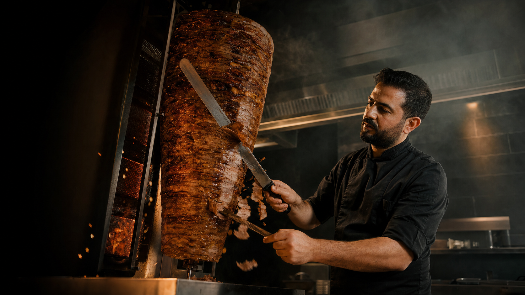 A döner master carving a towering spit by firelight